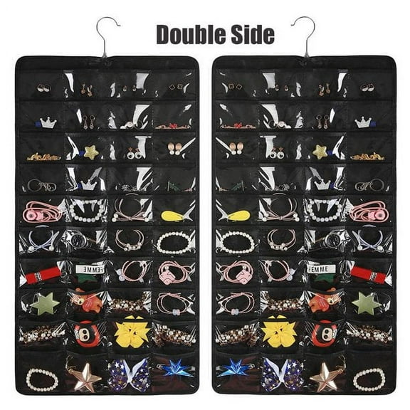80 Pocket Double Side Hanging Jewelry Organizer Accessories Holder Storage Bag