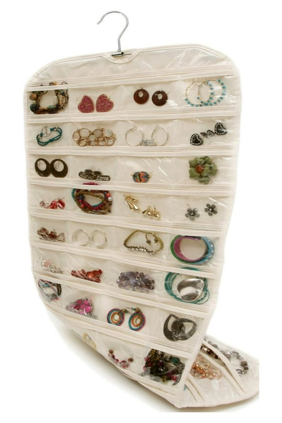 80 Pocket Hanging Jewelry Organizer Hanging Bag Double-Sided Beige Non-woven Jewelry Card Storage