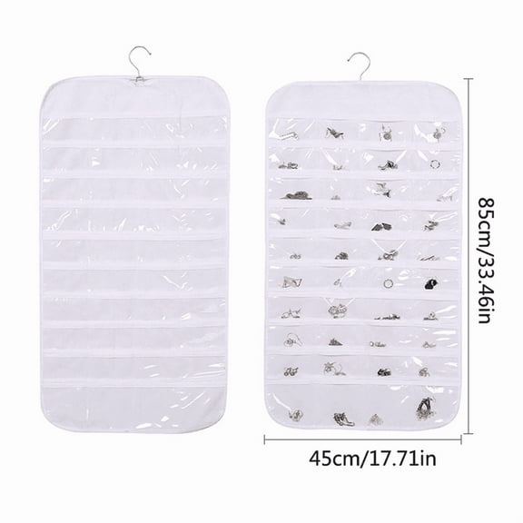 80 Pocket Hanging Jewelry Organizer Non-Woven Fabric with Clear Plastic Pockets for Earrings, Bracelets, Necklaces, Rings, and Small Accessories White
