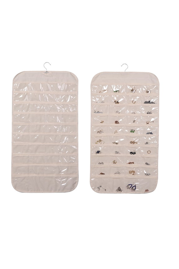 80 Pocket Jewelry Organizer Hanging Storage Bag - Beige, Transparent Pouch with Multiple Compartments for Earrings, Necklaces, Rings, Small Items, Space-Saving for Closet, Travel, Bedroom - Ideal for