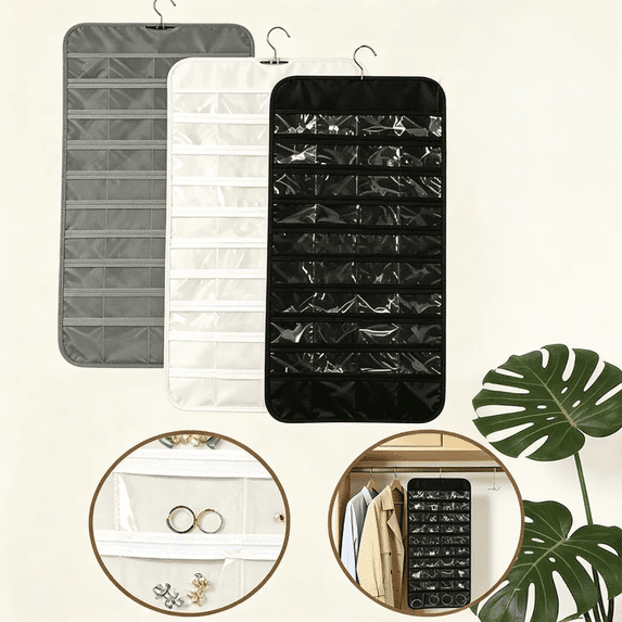 80-Pocket Jewelry Organizer Hanging Storage Roll,Double-Sided Transparent Display Bag with 360-Degree Swivel Hook,Travel Wall Door Closet for Necklace Earring Ring Black