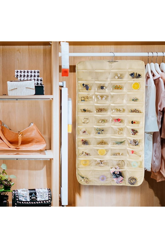 80 Pockets Jewelry Organizer Hanging Bag, Beige Storage Pouch With Transparent Pockets For Earrings Necklaces Rings, Space - Saving Closet Organizer For Home Travel Dorm -