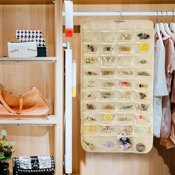 80 Pockets Jewelry Organizer Hanging Bag, Beige Storage Pouch With Transparent Pockets For Earrings Necklaces Rings, Space - Saving Closet Organizer For Home Travel Dorm -
