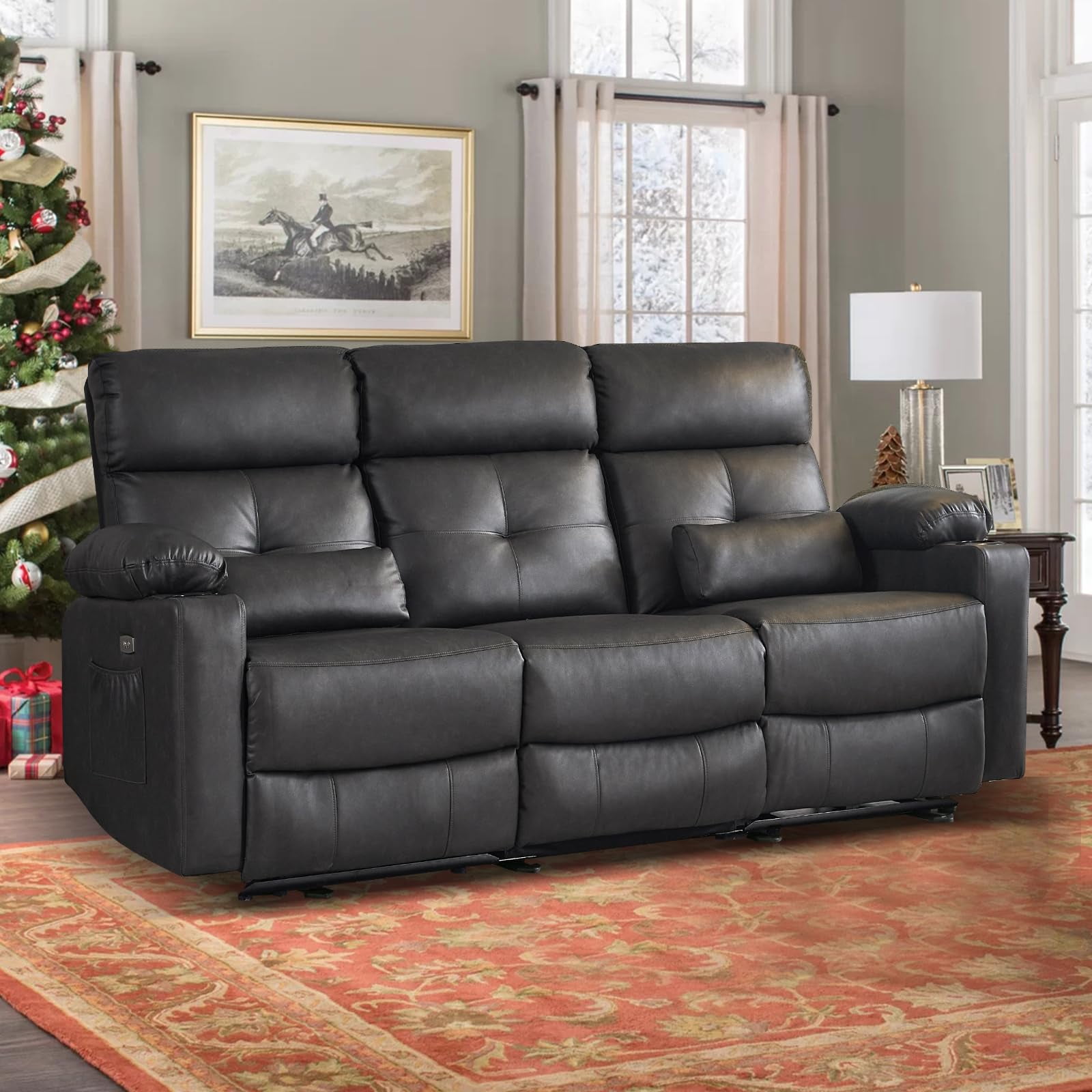 80'' Power Reclining Sofa with Heat and Massage, Electric Reclining Couch with Extended Footrest, Wall Hugger 3-Seater Recliner Sofa with USB Ports, Cup Holders for Living Room