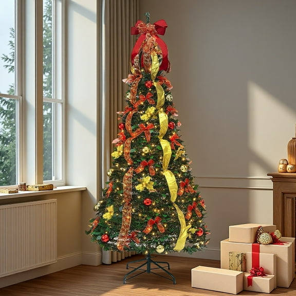 80" Pre-Lit Pop-Up Holiday Tree with Remote, 200 Warm White LEDs, and a Festive Red Bow for Instant