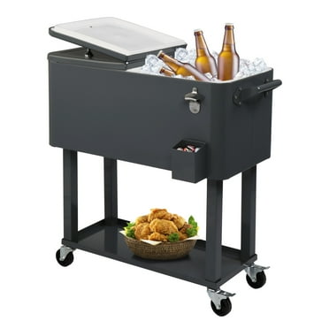 80 QT Rectangular Rolling Cooler Cart with Wheels, Portable Ice Chest with Bottle Opener and Storage Shelf, Outdoor Beverage Cart Ice Chest Cart for Patio Party, Picnic, BBQ, Camping, Dark Grey