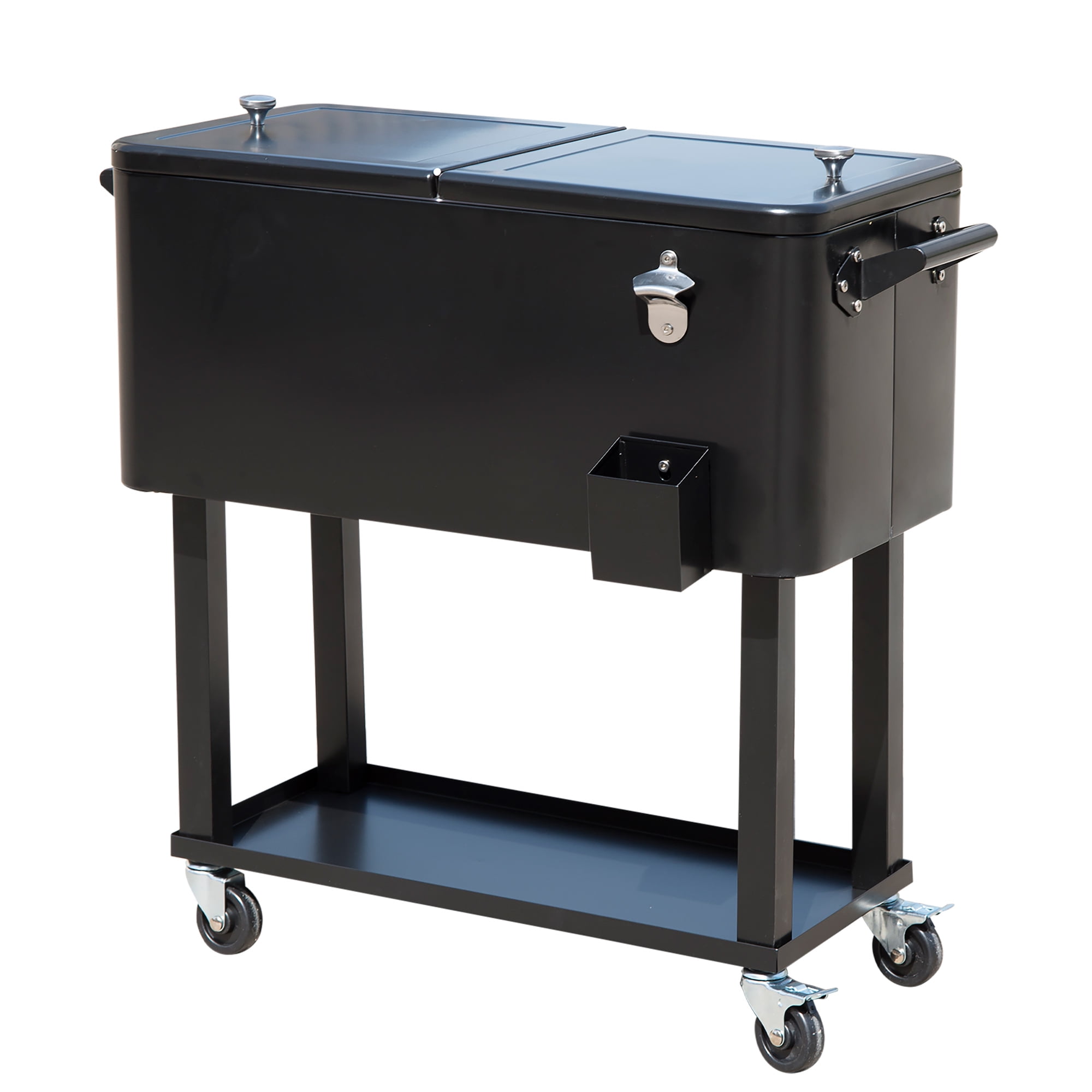 80 QT Rolling Cooling Bin, Wheeled Outdoor Drink Cooler Cart with Bottle Opener & Drain Plug, Portable Ice Chest for Party, Black