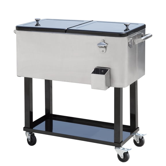 80 QT Rolling Ice Chest on Wheels for Outdoor Parties - Silver Drink Cooler Cart with Bottle Opener