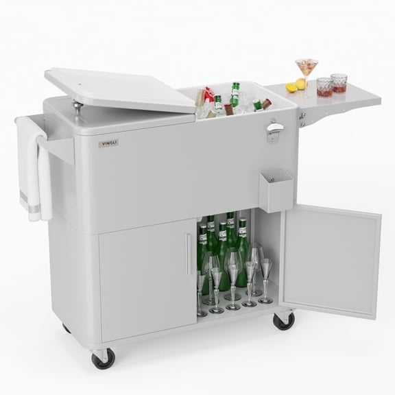 80 Qt Cooler Cart, Light Gray Rolling Freezer with Side Table & Storage Cabinet, Insulated Outdoor Cart for Camping Picnic Party
