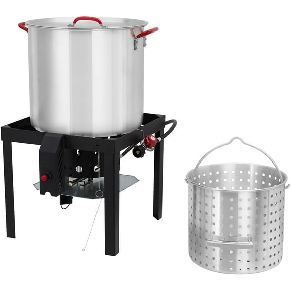 80 Qt Seafood Boil Pot, Aluminum Crawfish Boiler with Steam/Boil Basket & Strainer, 110000BTU Propane Jet Burner w/Support Rack & Lifting Hook, 0-10 PSI Regulator, Outdoor Cooking Shrimp Crab Boiler