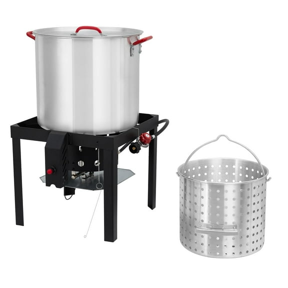 80 Qt Seafood Boiling Kit with Strainer, Fish Fryer Boiler Steamer Set, 110,000 BTU Burner, 10 PSI Regulator, Outdoor Seafood Boil Pot and Basket Ideal for Outdoor Cooking