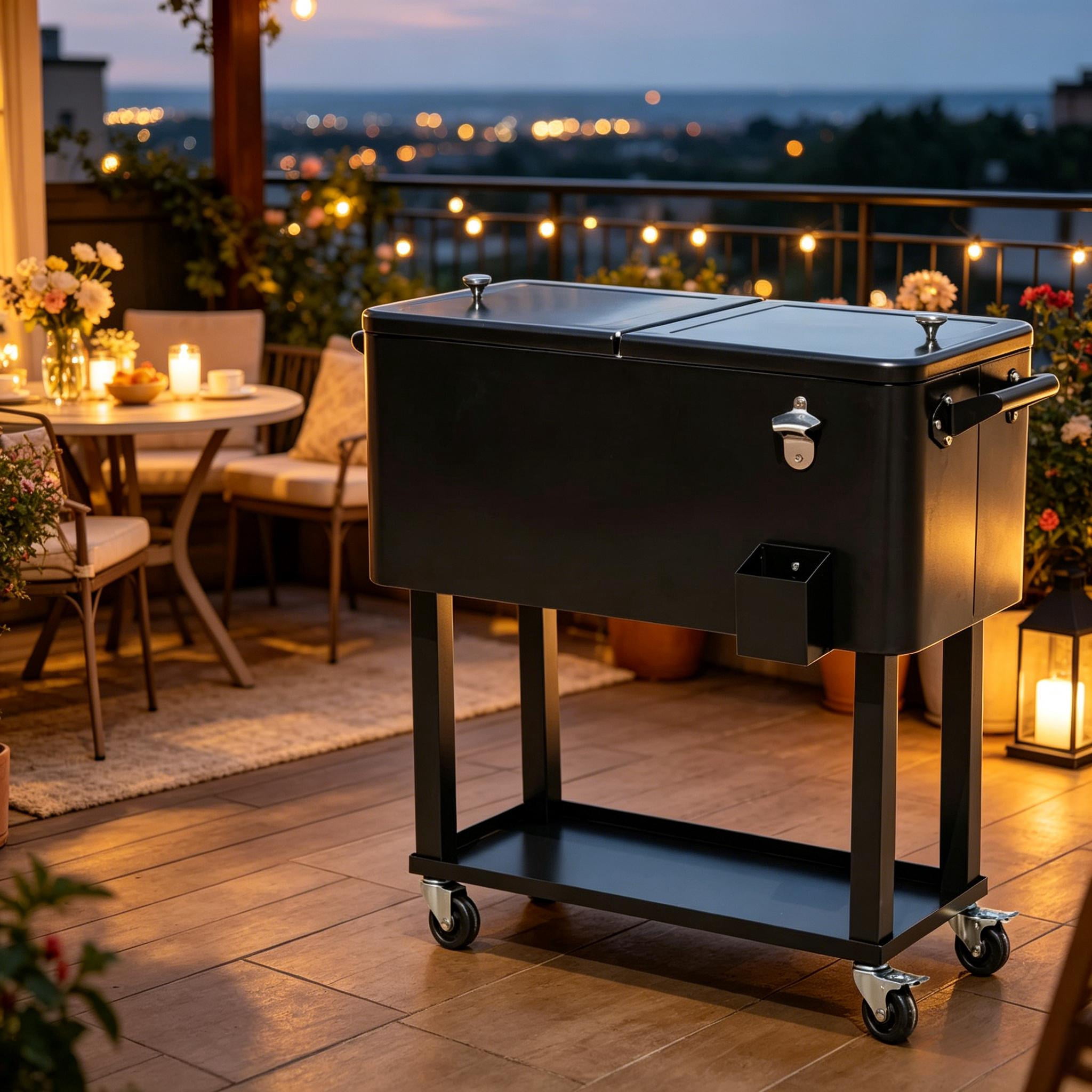 80 Quart 20 Gallon Rolling Outdoor Patio Cooler Cart, Beverage Ice Chest with Lockable Wheels, Built-in Bottle Opener & Drain Plug with Bottom Storage Shelf for Backyard Pool BBQ Party