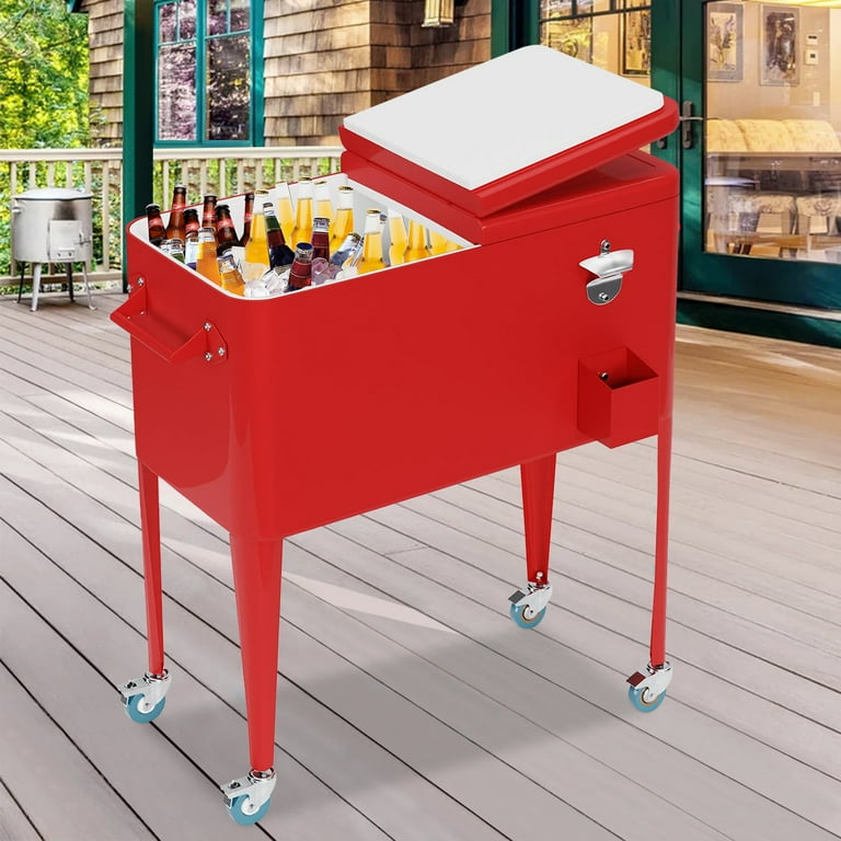 80 Quart Outdoor Cooler Cart Rolling Ice Cooler Ice Chest with
