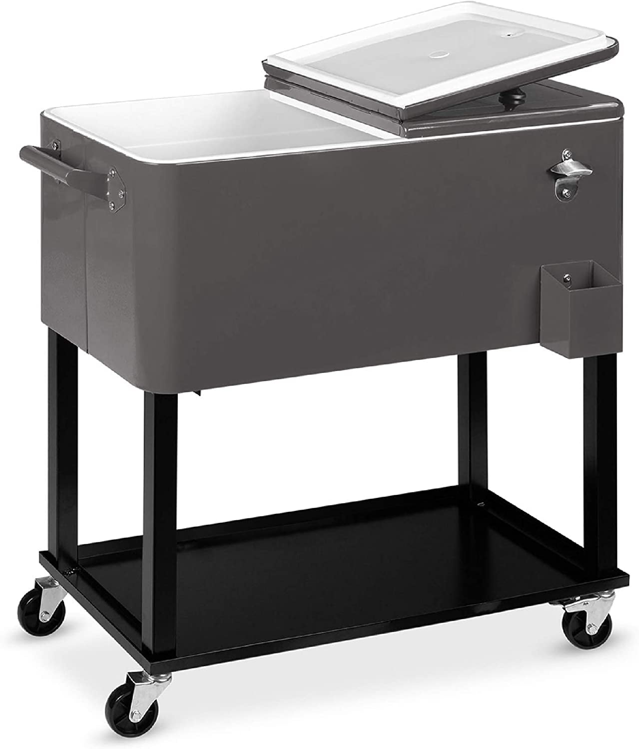 Gray 80-Quart Steel Rolling Cooler Cart with Wheels and Bottle Opener