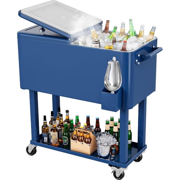 80 Quart Patio Cooler Cart with Bottle Opener Drainage, Portable Rolling Beverage Cart for Outdoor Drink Cooler, Pool Deck Party BBQ Cookouts