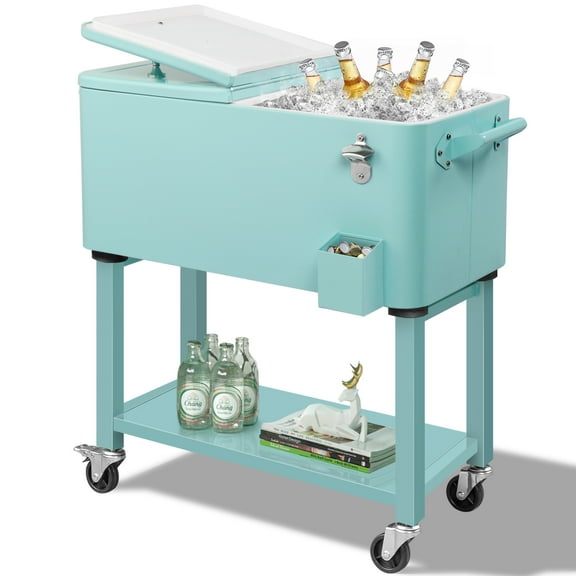 Large 80 Quart Rolling Ice Chest Cooler with Detachable Bin for Parties