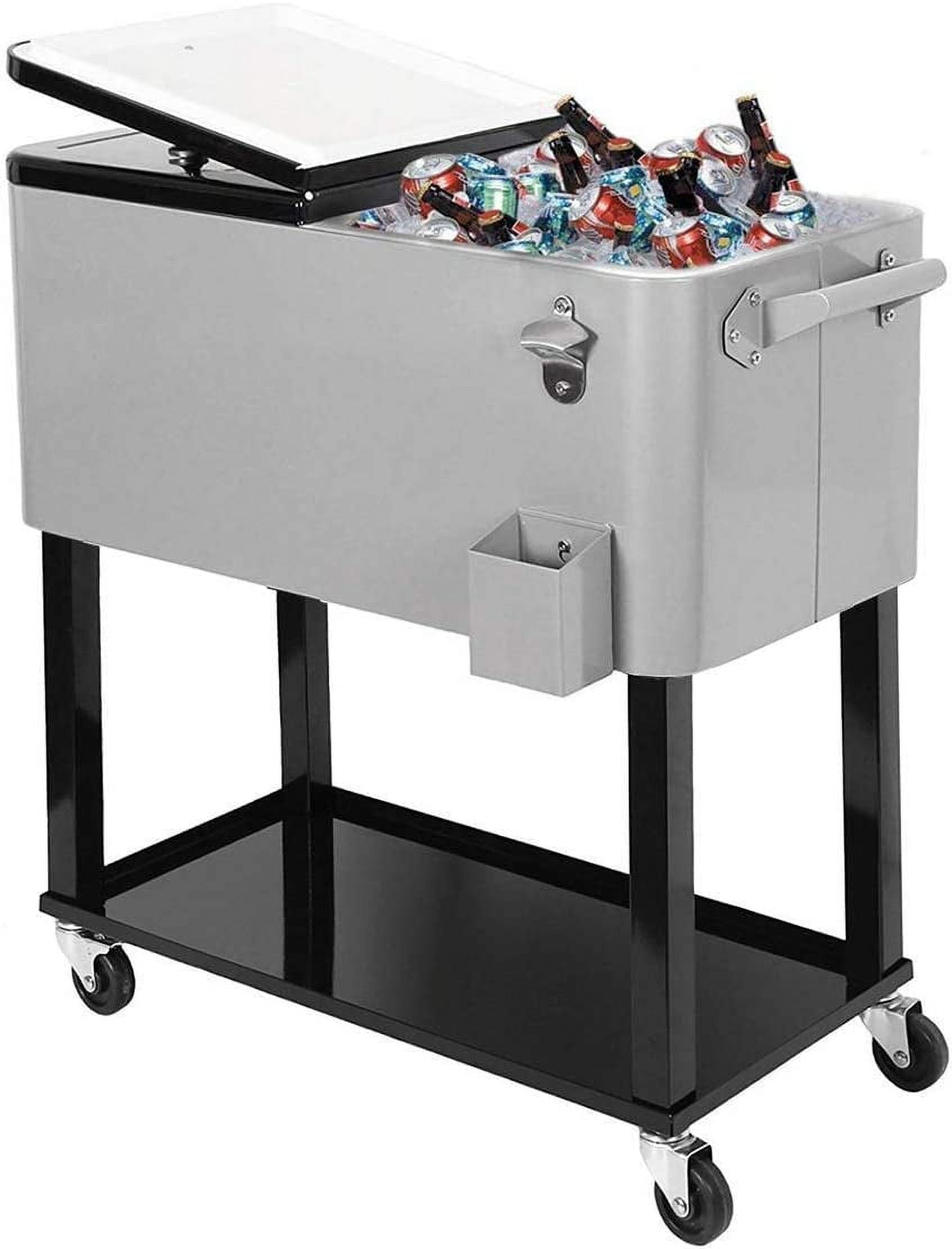 Gray 80QT Rolling Steel Cooler Cart with Wheels and Shelf