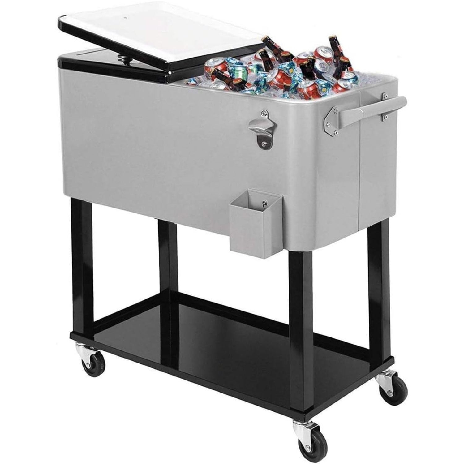 Gray 80QT Rolling Steel Cooler Cart with Wheels and Shelf
