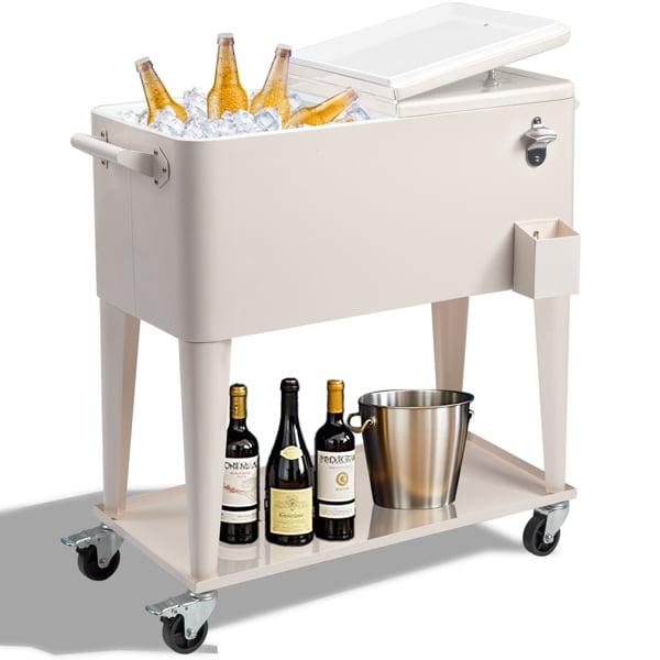80 Quart Rolling Cooler Cart, Milk White Portable Ice Chest on Wheels with Bottle Opener and Lower Shelf for Patio, Deck & Parties