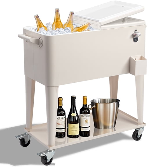 80 Quart Rolling Cooler Cart, Milk White Portable Ice Chest on Wheels with Bottle Opener and Lower Shelf for Patio, Deck & Parties