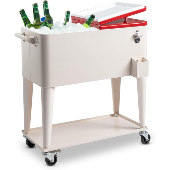 80 Quart Rolling Cooler Cart, Portable Bar Drink Cooler Outdoor Patio Cooler Cart on Wheels, Ice Chest Mobile Cooler Cart with Shelf and Bottle Opener for Patio Party BBQ Beach Activities