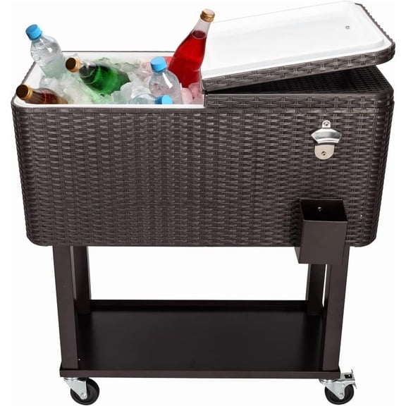 80 Quart Rolling Cooler Cart, Portable Bar Drink Cooler Outdoor Patio Cooler Cart on Wheels, Ice Chest Mobile Cooler Cart with Shelf and Bottle Opener for Patio Party BBQ Beach Activities