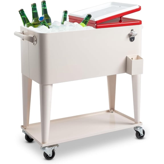 80 Quart Rolling Ice Chest Cooler Cart,Patio Outdoor Backyard Party Drink Beverage Bar Stand Up Cooler Trolley with Shelf