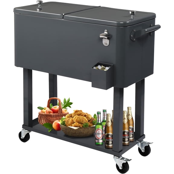 80 Quart Rolling Ice Chest Cooler Cart, Portable Bar Drink Cooler, Beverage for Patio Pool Party, Patio Backyard Party Drink Beverage Bar Stand Up Cooler Trolley