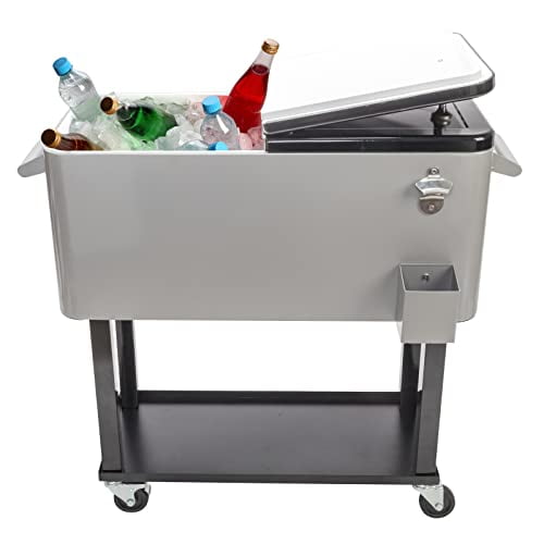Gray 80QT Rolling Steel Cooler Cart with Wheels and Shelf