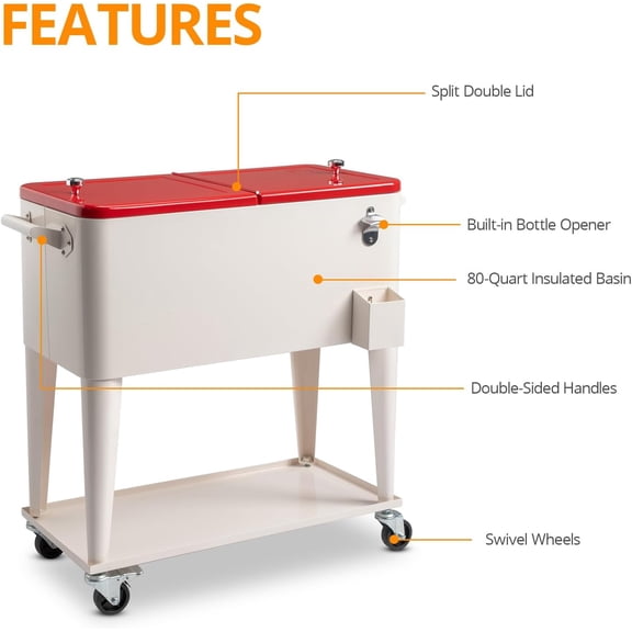 80 Quart Rolling Ice Chest Cooler Cart, Portable Ice Cooler, Outdoor Bar Drink Cart with Wheels, Bottle Opener for Patio, Backyard, Party, Pool Iron Spray Material Warm and Cool Function Black