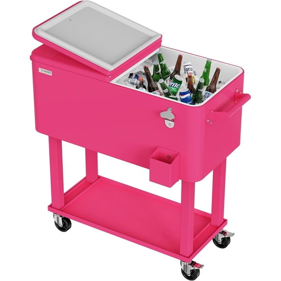 PEXMOR 80 Quart Rolling Ice Chest Cooler Cart, Portable Outdoor Drink Beverage Bar with Shelf & Bottle Opener