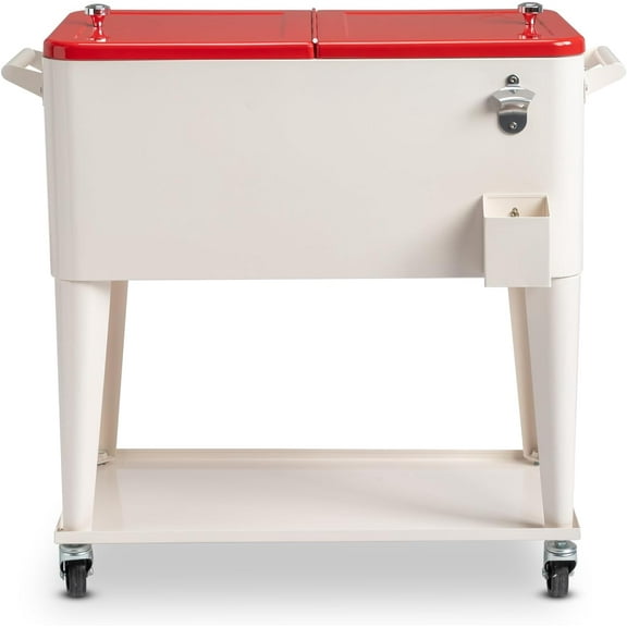 80 Quart Rolling Ice Chest, Portable Bar Drink Cooler with Catch Basin, Bottom Storage Tray and Bottle Opener for Patio Party BBQ Beach Activities