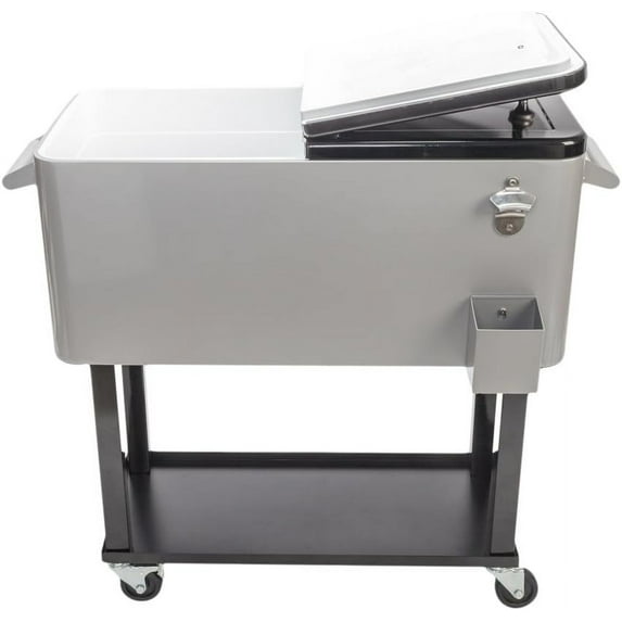 80 Quart Rolling Ice Chest, Portable Bar Drink Cooler with Catch Basin, Bottom Storage Tray and Bottle Opener for Patio Party BBQ Beach Activities