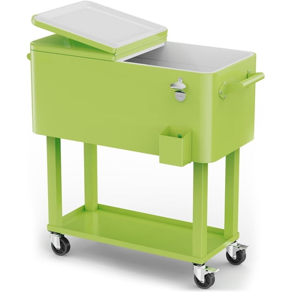 80 Quart Rolling Ice Chest, Portable Patio Party Bar Drink Cooler Cart, with Shelf, Beverage Pool with Bottle Opener