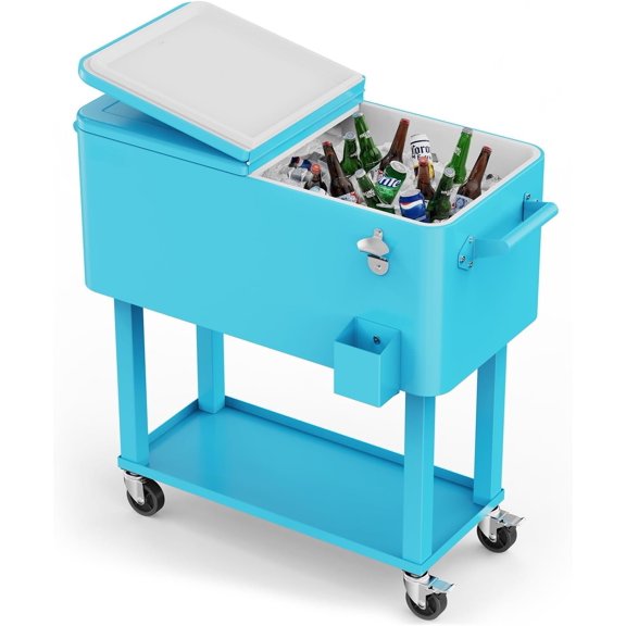 80 Quart Rolling Ice Chest, Portable Patio Party Bar Drink Cooler Cart, with Shelf, Beverage Pool with Bottle Opener