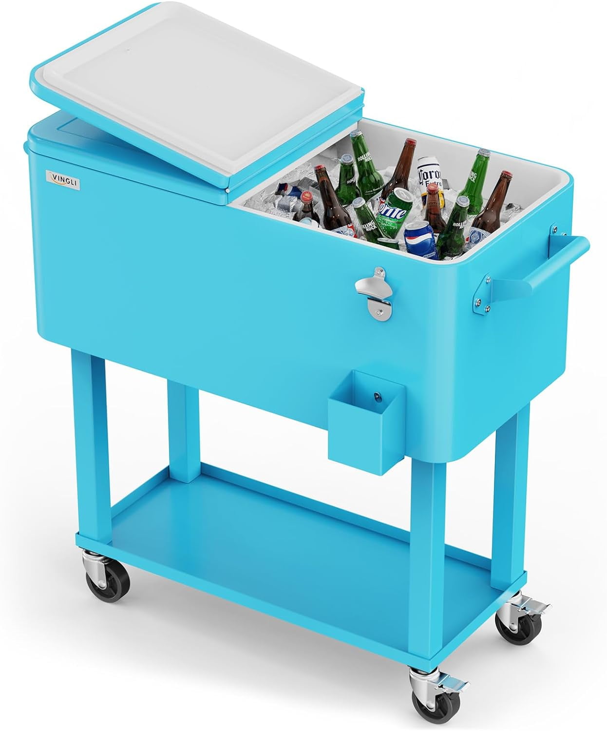 80 Quart Rolling Ice Chest, Portable Patio Party Bar Drink Cooler Cart