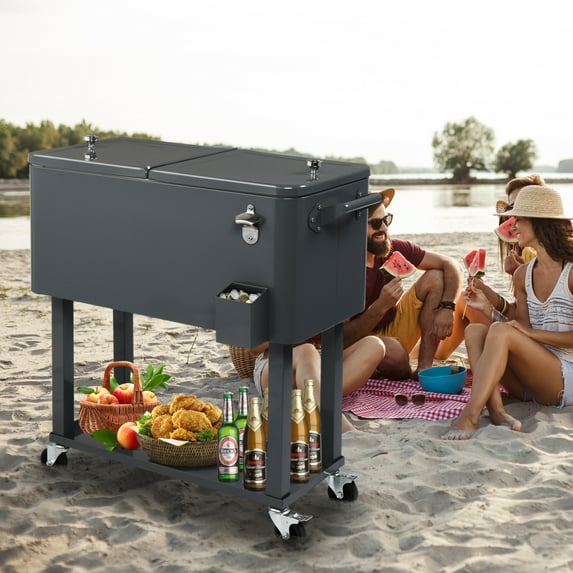 80 Quarts Frozen Insulation Cart Rolling Cooler, Camper Storage Trunk with 2 Normal Casters and 2 Locking Casters, Summer Camp Cart, Frozen Rolling Cart, Keep Cool And Warm, Drink Trunk Drink Cart