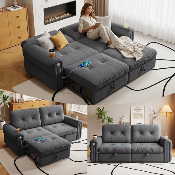 77" Queen Size Sofa Bed, Loveseat Sleeper Sofa with Pull Out Bed and USB, 2 Seater Convertible Small Couch for Living Room Bedroom Apartment (Dark Grey, Chenille)