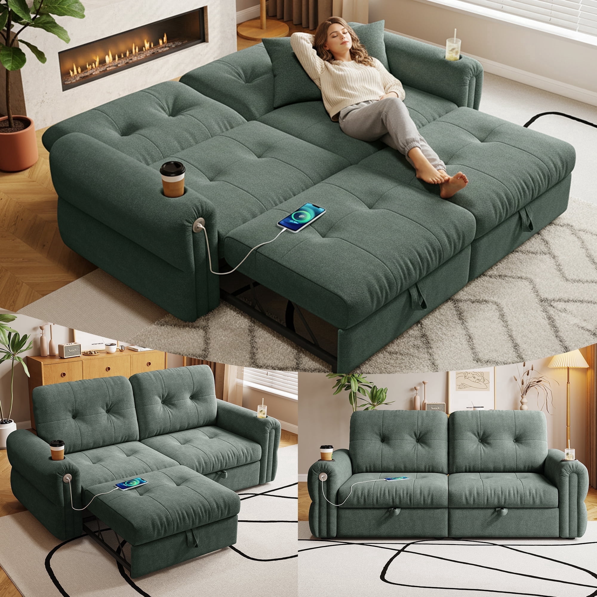 77" Queen Size Sofa Bed, Loveseat Sleeper Sofa with Pull Out Bed and USB, 2 Seater Convertible Small Couch for Living Room Bedroom Apartment (Green, Chenille)