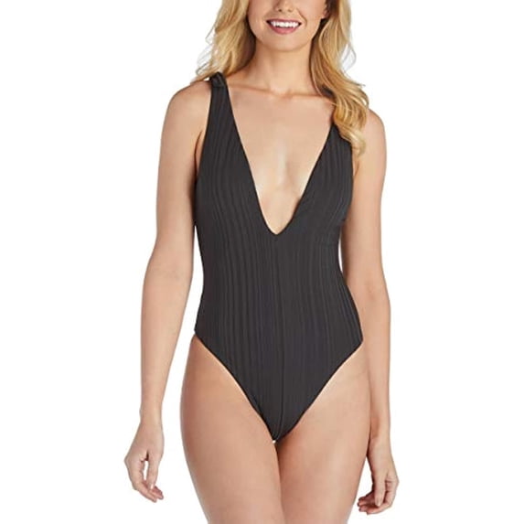 $80 Raisins Beach Cove Islamorada Textured Plunging One-Piece Black Size Large