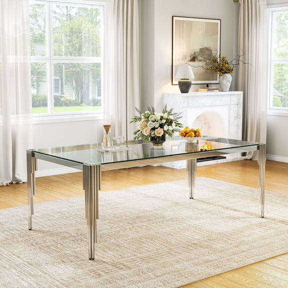 80" Rectangular Clear Tempered Glass Dining Table for 6 People, Modern Kitchen Table with Irregular Stainless Steel Legs, Dining Table for Dining Room or Living Room