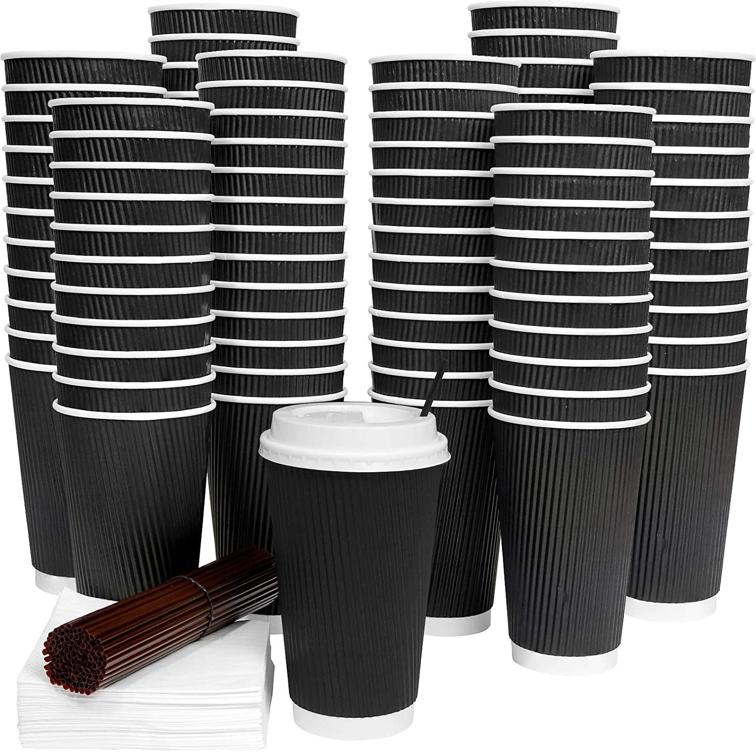 Galashield Insulated Disposable Coffee Cups with Lids [50 Sets] 10 oz Corrugated Ripple to Go Paper Hot Beverage Cups - Black
