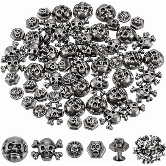 80 Sets Skull Head Rivets Screw Back Skull Rivets 4 Styles Skull Decorative Rivet Studs Antique Silver Skeleton Ghost Rivet for Clothes Bag Leather Belt DIY Craft Making