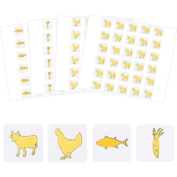 80 Sheets 4 Style Cartoon Carrot & Rooster & Fish & Cow Meal Stickers Adhesive Square Paper Labels Gold 7.8x9cm 30pcs/sheet 20sheets/style