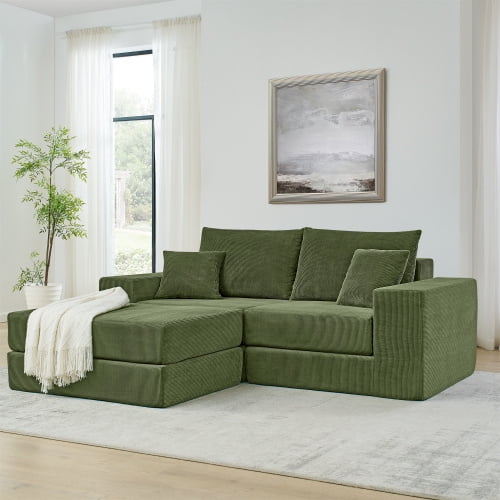 80" Skin-Friendly Corduroy Fluffy Modular Sectional Loveseat Sofa, Modern Mid-century Modular Sofa with Flexible Combination, Deep Seat Cloud Sectional Couch with No Assembly for Living Room, Green