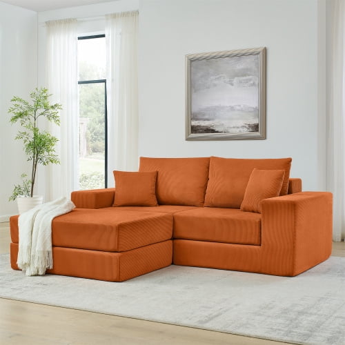80" Skin-Friendly Corduroy Fluffy Modular Sectional Loveseat Sofa, Modern Mid-century Modular Sofa with Flexible Combination, Deep Seat Cloud Sectional Couch with No Assembly for Living Room, Orange