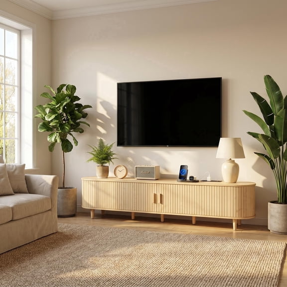 Easoger 80" Curved Oval Sliding Door TV Stand with Built-in Charging Station, Fits Up to 85 Inch TV, Oak Wood Grain Media Console for Living Room Bedroom