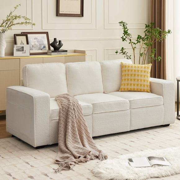 Me'On 80'' Sofa Couch for Living Room, Modern Loveseat Sofa with Side Pocket, 3-Seater Couches for Bedroom, Apartment, Teddy Wool White