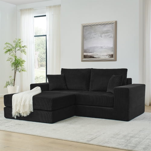 80" Soft Corduroy Fluffy Modular Sectional Loveseat Sofa, Modern Mid-century Modular Sofa with Flexible Layout, Deep Seat Cloud Sectional Couch with Thick Cushions for Living Room, Black