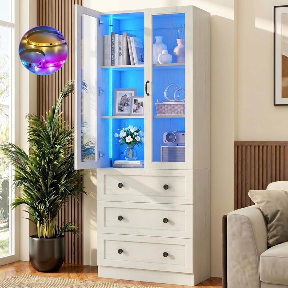 80" Tall Display Cabinet with Glass Doors, LED Lights & 3 Drawers, 6-Tier Glass Display Case for Collectibles, Bookcase for Living Room, Office, Warm White